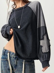 Bohemela 休閒針織拼接圓領長袖寬鬆女款運動衫 - 黑色 - 查看 5