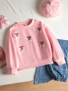 SHEIN Girls' Pink Cherry Embroidered Sweatshirt - Cute 3D Fruit Design, Soft Long Sleeve Top For Spring & Fall - Pink - View 3