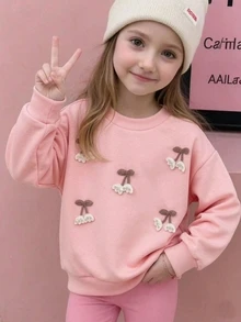 SHEIN Girls' Pink Cherry Embroidered Sweatshirt - Cute 3D Fruit Design, Soft Long Sleeve Top For Spring & Fall - Pink - View 7