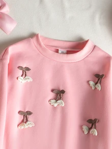 SHEIN Girls' Pink Cherry Embroidered Sweatshirt - Cute 3D Fruit Design, Soft Long Sleeve Top For Spring & Fall - Pink - View 5