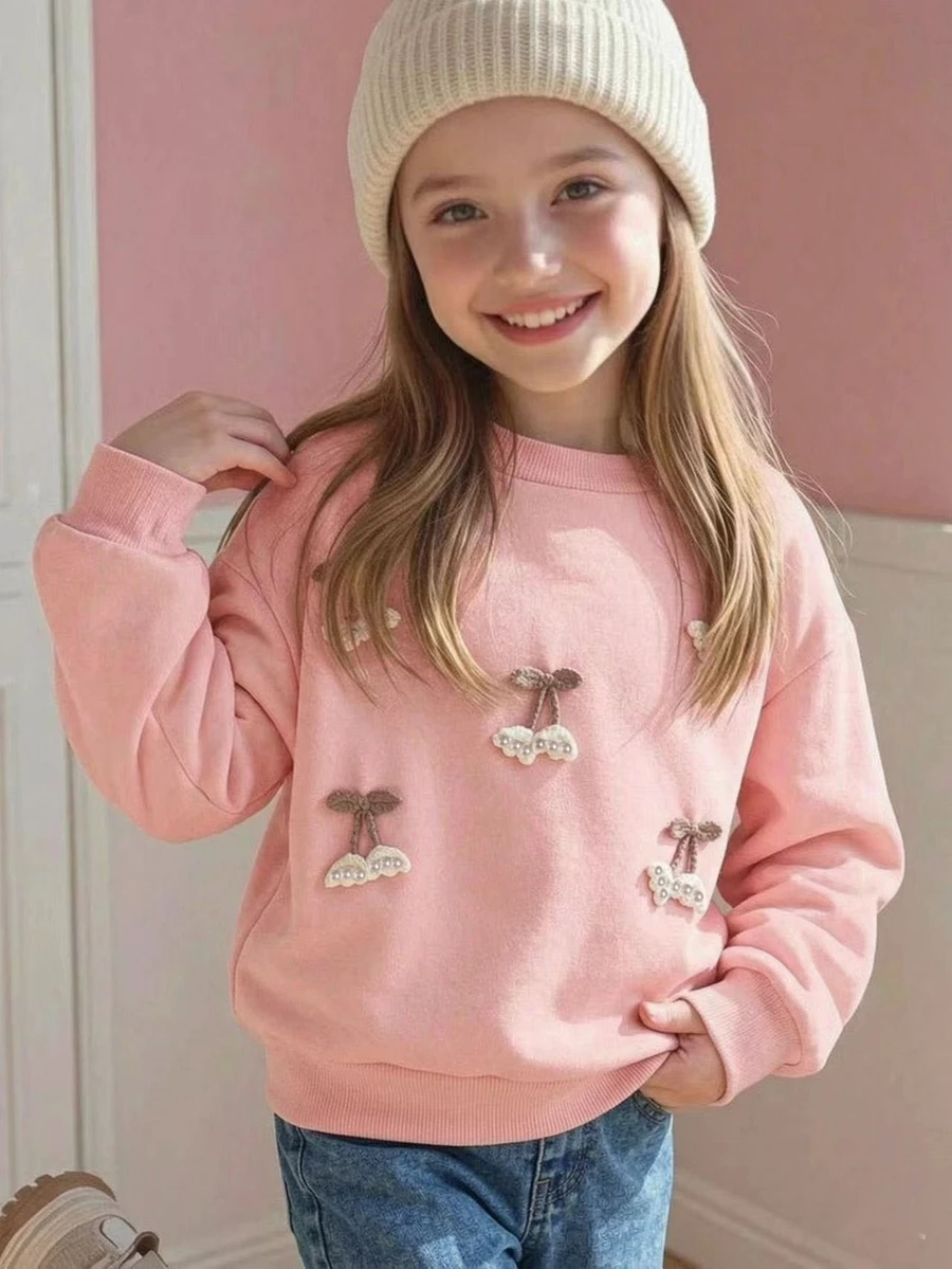SHEIN Girls' Pink Cherry Embroidered Sweatshirt - Cute 3D Fruit Design, Soft Long Sleeve Top For Spring & Fall - Pink - View 1