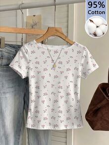 CovetEZ Casual Minimalist Sexy Off-Shoulder Ditsy Floral Short Sleeve T-Shirt, Suitable For Spring And Summer, Spring And Summer Clothing Matching - Multicolor - View 3