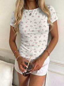 CovetEZ Casual Minimalist Sexy Off-Shoulder Ditsy Floral Short Sleeve T-Shirt, Suitable For Spring And Summer, Spring And Summer Clothing Matching - Multicolor - View 4