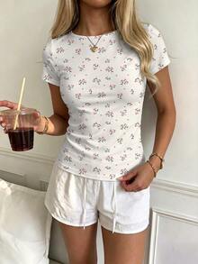 CovetEZ Casual Minimalist Sexy Off-Shoulder Ditsy Floral Short Sleeve T-Shirt, Suitable For Spring And Summer, Spring And Summer Clothing Matching - Multicolor - View 5