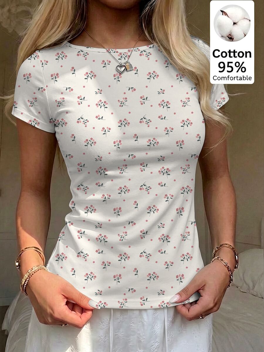 CovetEZ Casual Minimalist Sexy Off-Shoulder Ditsy Floral Short Sleeve T-Shirt, Suitable For Spring And Summer, Spring And Summer Clothing Matching - Multicolor - View 1