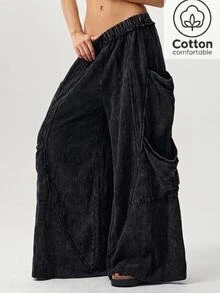 Bohemela Casual Solid Color Knit Loose Washed Women's Long Pants - Black - View 1