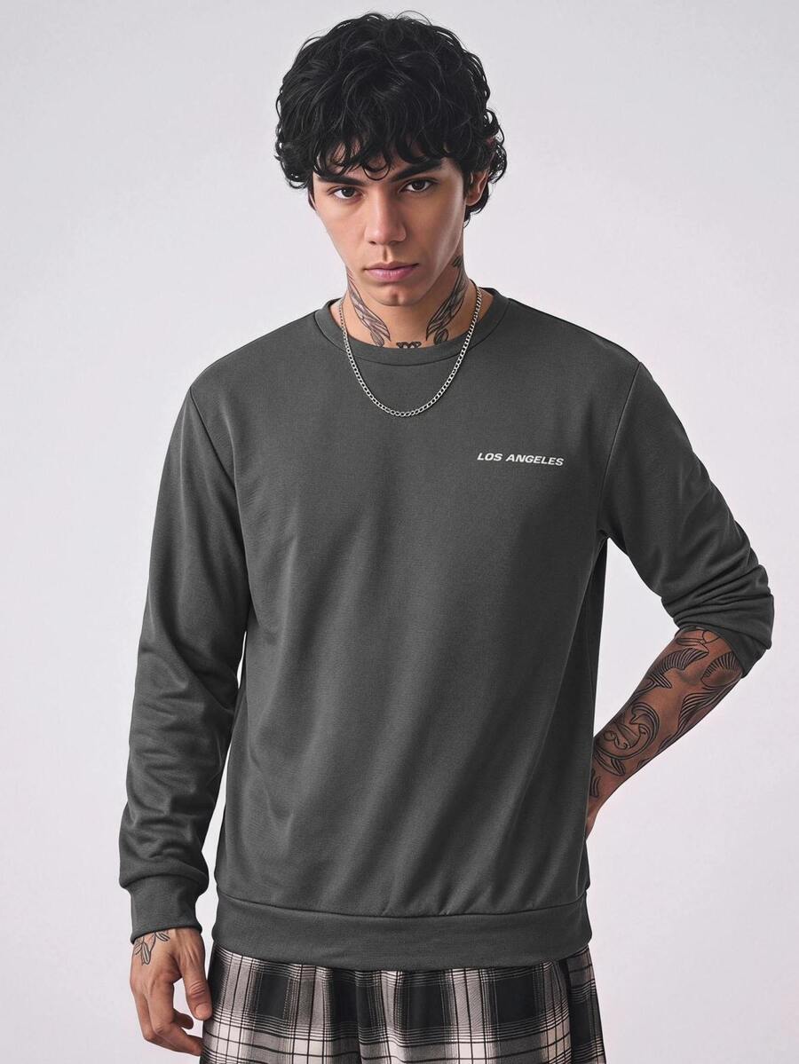 NORVETH Men's Dropping Shoulder Letter Printed Crew Neck Sweatshirt - Dark Grey - View 1