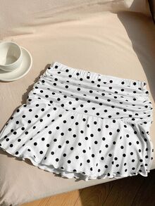 Comfortcana Polka Dot Ruched A-Line Mini Skirt For Autumn Date Party White And Black Polka Dot Cute - Black and White - View 2