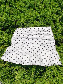 Comfortcana Polka Dot Ruched A-Line Mini Skirt For Autumn Date Party White And Black Polka Dot Cute - Black and White - View 3