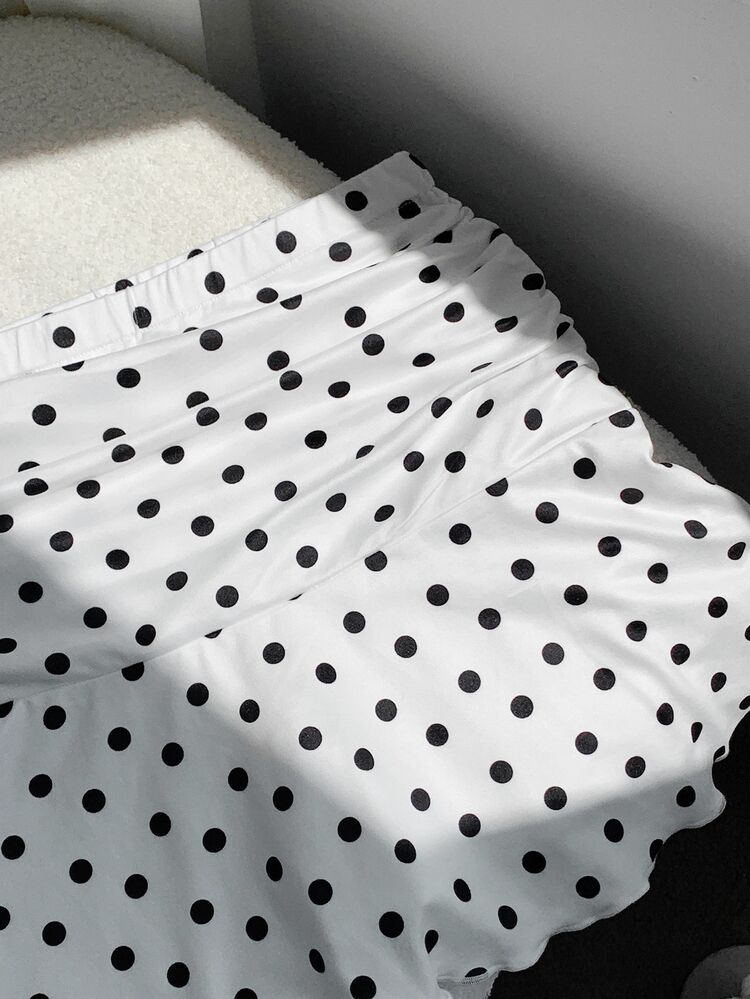 Comfortcana Rok Mini A-Line Berkerut Motif Polkadot untuk Musim Panas - Hitam dan Putih - View 6