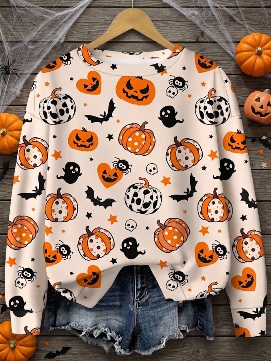 EMERY ROSE Plus Size Halloween Pumpkin & Bat Print Casual Long Sleeve Sweatshirt Winter - Multicolor - View 1
