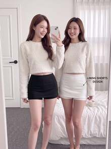 Comfortcana Two-Piece Set Mini Skirt, Minimalist Basic Classy, Fashion, Casual, Solid Color Everyday Party Work Black White Autumn - Black and White - View 1