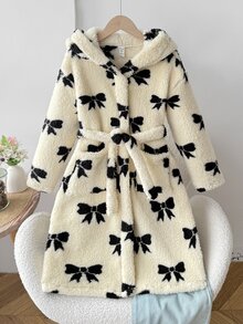 SHEIN 少女秋/冬休閒童裝保暖內裡加厚雙面絨毛甜美蝴蝶結印花連帽睡袍家居服杏色 - 杏色 - 查看 4