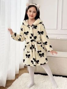 SHEIN 少女秋/冬休閒童裝保暖內裡加厚雙面絨毛甜美蝴蝶結印花連帽睡袍家居服杏色 - 杏色 - 查看 1