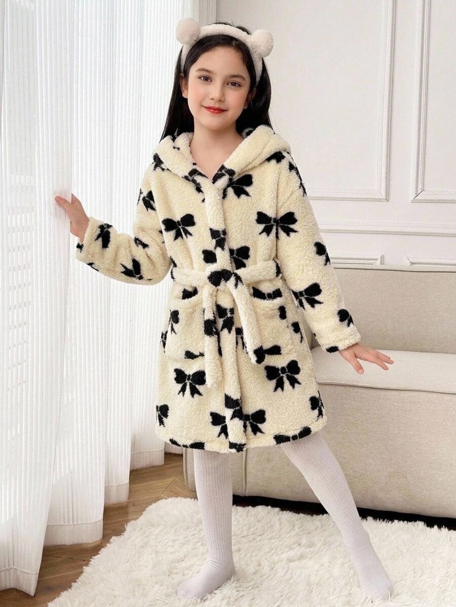 SHEIN 少女秋/冬休閒童裝保暖內裡加厚雙面絨毛甜美蝴蝶結印花連帽睡袍家居服杏色 - 杏色 - 查看 1