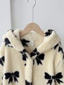 SHEIN 少女秋/冬休閒童裝保暖內裡加厚雙面絨毛甜美蝴蝶結印花連帽睡袍家居服杏色 - 杏色 - 查看 5
