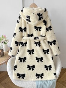 SHEIN 少女秋/冬休閒童裝保暖內裡加厚雙面絨毛甜美蝴蝶結印花連帽睡袍家居服杏色 - 杏色 - 查看 3