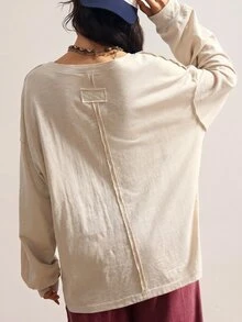 Bohemela 休閒針織圓領長袖寬鬆女款T恤 日常居家 米色 秋季 - 杏色 - 查看 7
