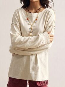 Bohemela 休閒針織圓領長袖寬鬆女款T恤 日常居家 米色 秋季 - 杏色 - 查看 3