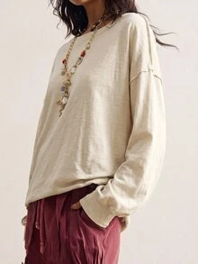 Bohemela 休閒針織圓領長袖寬鬆女款T恤 日常居家 米色 秋季 - 杏色 - 查看 6