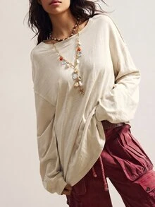 Bohemela 休閒針織圓領長袖寬鬆女款T恤 日常居家 米色 秋季 - 杏色 - 查看 4
