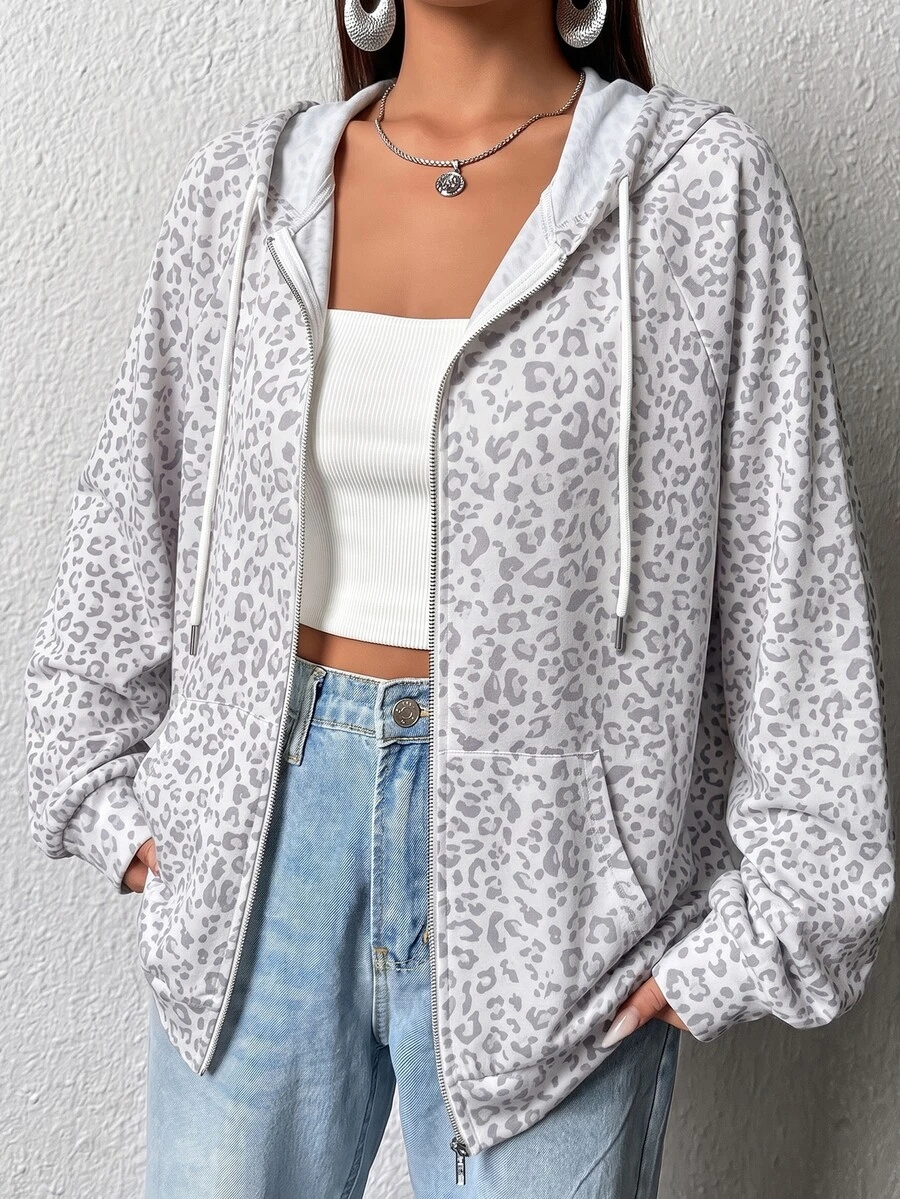 Muchica Plus Size Women's Leopard Print Long Sleeve Zip-Up Hooded Sweatshirt With Drawstring Fall - Multicolor - View 1