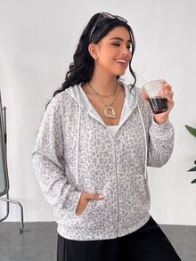Muchica Plus Size Women's Leopard Print Long Sleeve Zip-Up Hooded Sweatshirt With Drawstring Fall - Multicolor - View 4