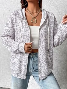 Muchica Plus Size Women's Leopard Print Long Sleeve Zip-Up Hooded Sweatshirt With Drawstring Fall - Multicolor - View 5