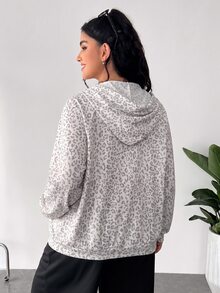 Muchica Plus Size Women's Leopard Print Long Sleeve Zip-Up Hooded Sweatshirt With Drawstring Fall - Multicolor - View 2