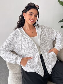 Muchica Plus Size Women's Leopard Print Long Sleeve Zip-Up Hooded Sweatshirt With Drawstring Fall - Multicolor - View 3