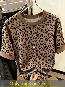 Resyla 大尺碼豹紋印花女款夏季上衣 T-shirt，時尚簡約風格，姐妹穿搭，送給姐姐/媽媽的禮物 - 彩色 - 查看 1