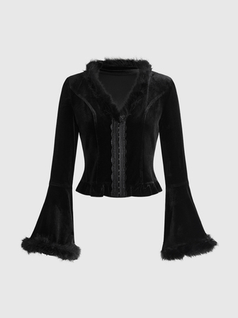 Autumn/Winter Gothic Palace Style Velvet Cinched Waist Flare Sleeve With Fur Trim Cuff Women's Regular Jacket