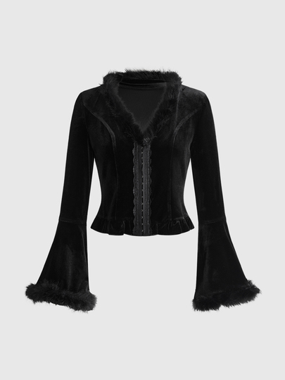 Veste regular pour femme style gothique palais automne/hiver en velours, taille cintrée, manches évasées avec poignets bordés de fourrure