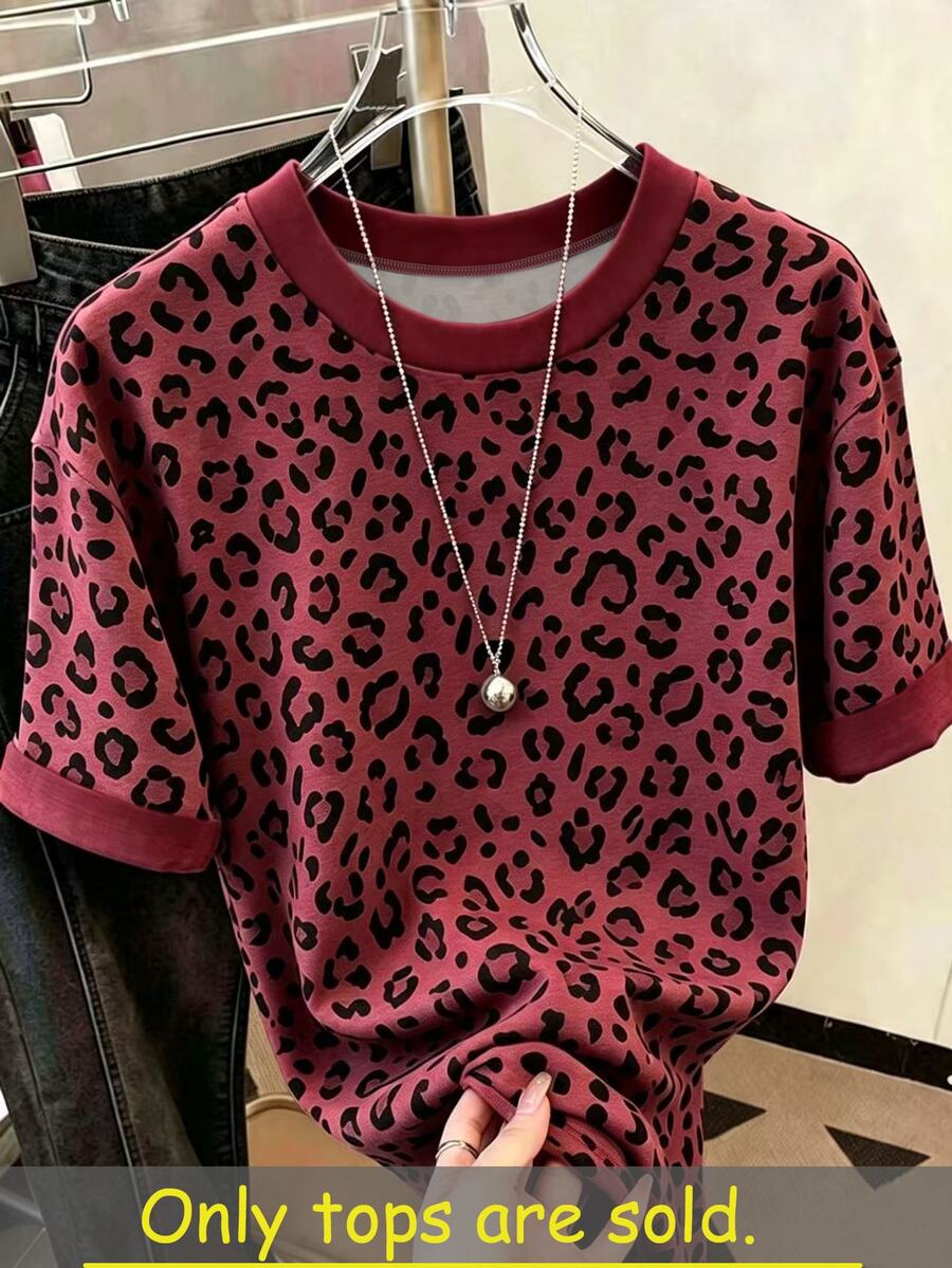 Resyla 大尺碼豹紋印花女款夏季上衣 T-shirt,時尚簡約風姐妹穿搭上衣,送給姐姐/媽媽的禮物 - 彩色 - 查看 1