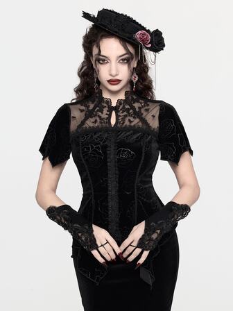 Goth Hofstil Gotik Rüschenbesatz asymmetrischer Saum Blütenblatt-Ärmel schmale Passform Samt Bluse