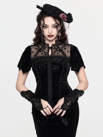 Blouse en velours coupe slim avec ourlet asymétrique, manches pétales et garniture à volants de style gothique courtois