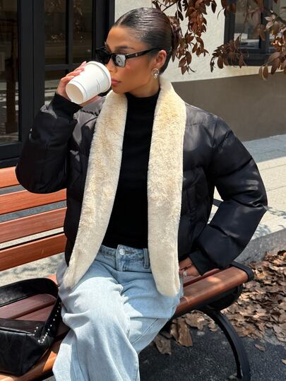 Muchica Women's Black Cropped Puffer Jacket With Cream Faux Fur Collar, Warm Quilted Winter Coat, Chic Casual Fall Streetwear Outerwear