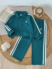 Genkimix Kids 男童春秋純灰色極簡休閒風無圖案修身領口半鈕扣長袖套頭上衣搭配同款長褲套裝，適合外出、休閒穿著與日常運動 - 墨綠色 - 查看 9