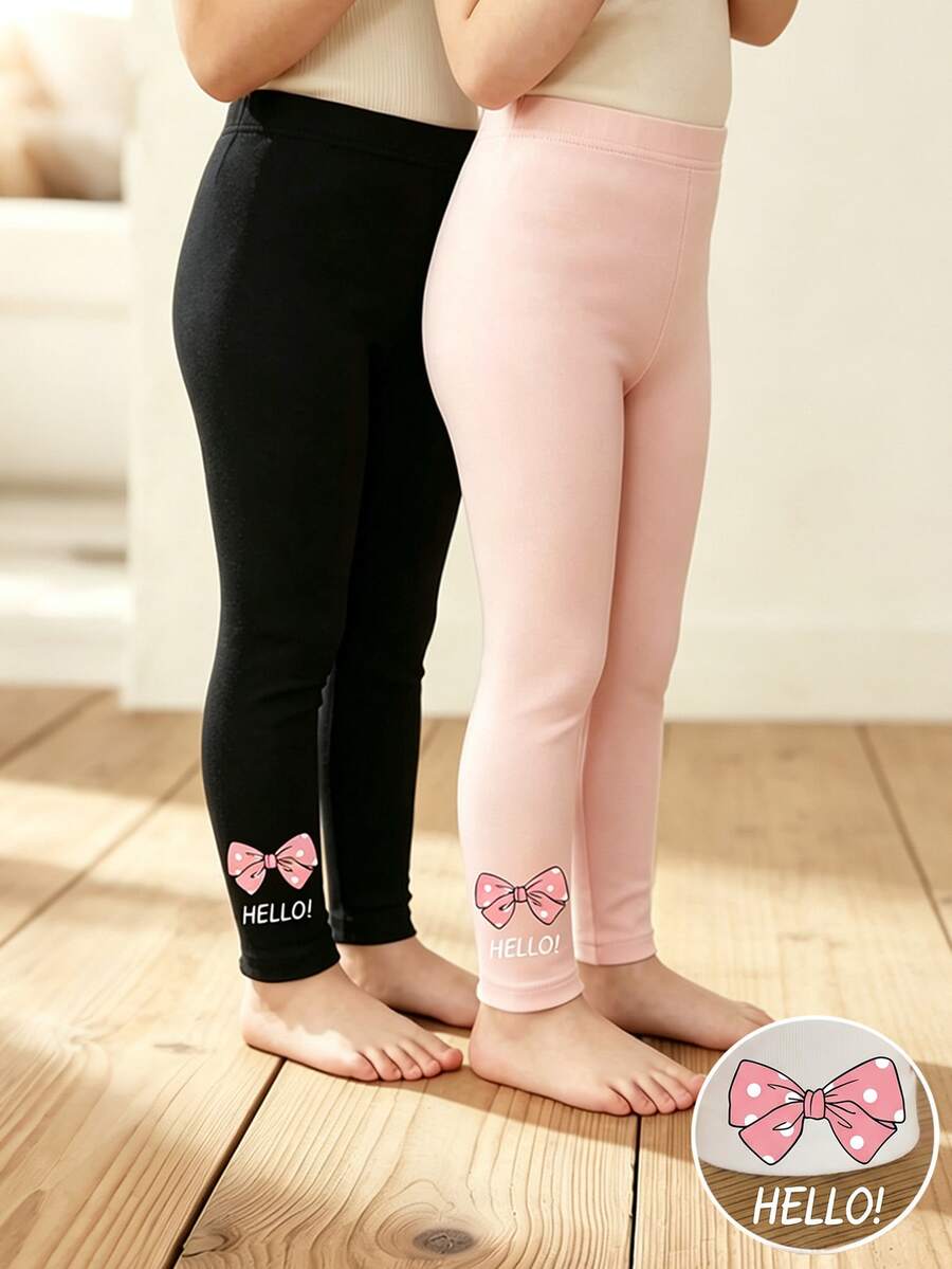 SHEIN 女童幼兒內搭褲 2件組 全季新款 熱銷蝴蝶結圖案 針織高彈力 簡約時尚 舒適休閒底層褲 - 彩色 - 查看 1
