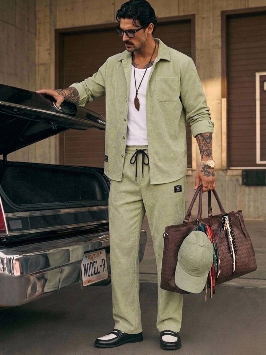 HIMLAND Loose Men's Letter Patch Weave Casual Long Sleeve Shirt And Pants 2 Pieces Set - Green - View 1