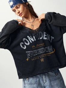 Bohemela 休閒街頭風 Grunge 純色針織寬鬆女款運動衫，萬聖節日間日常穿搭，黑色與金色，秋季外出穿搭 - 黑色 - 查看 4