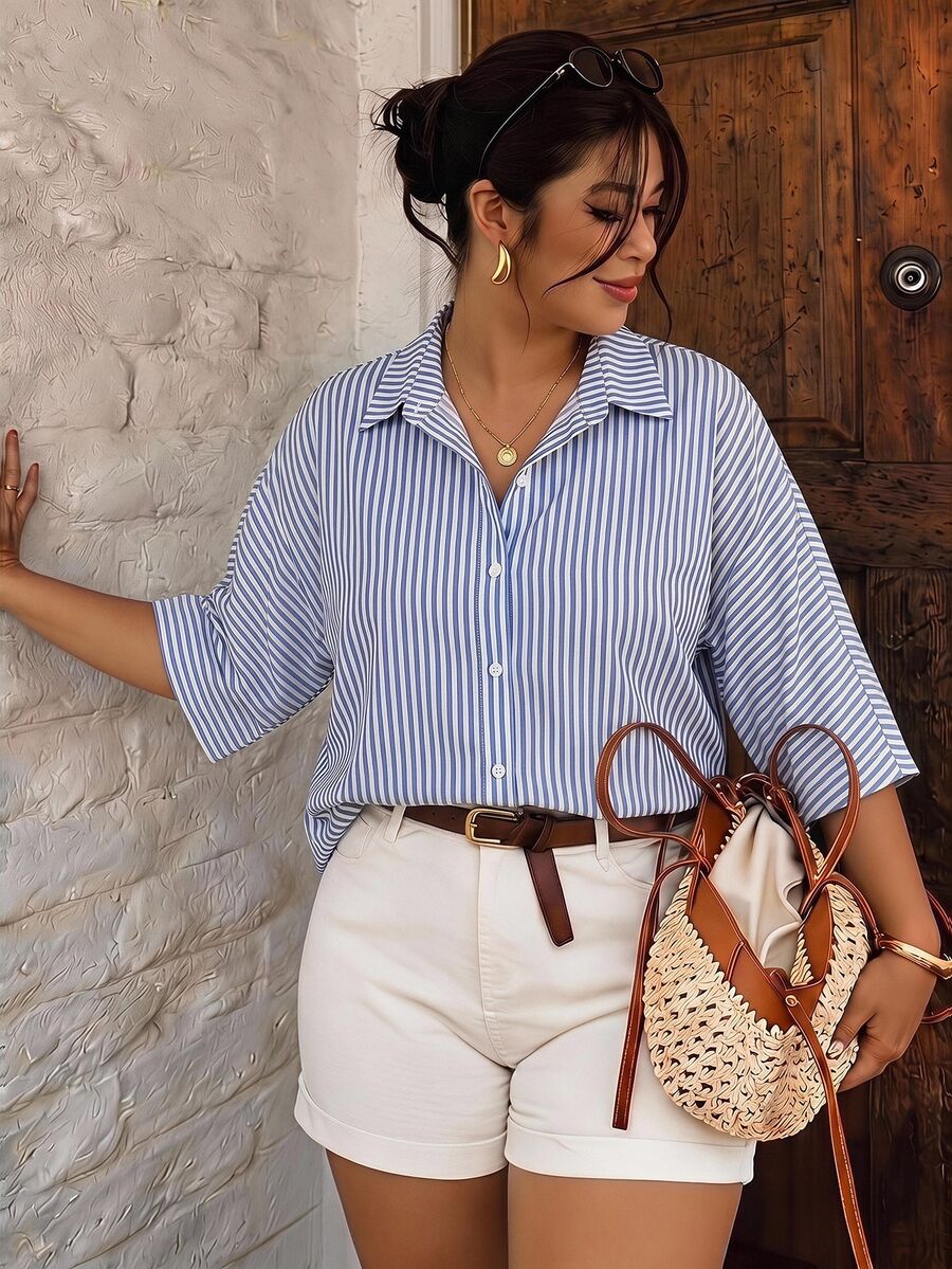 Lounesse Plus Size Women's Striped Pattern Casual Commute Short Sleeve Fashion T-Shirt, Versatile Commute T-Shirt, Plus Size Summer Short Set, Women's Vacation Plus Size Short Set Autumn/Winter New Arrival