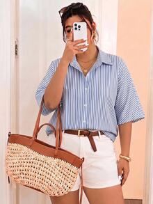 Lounesse Plus Size Women's Striped Pattern Casual Commute Short Sleeve Fashion T-Shirt, Versatile Commute T-Shirt, Plus Size Summer Short Set, Women's Vacation Plus Size Short Set Autumn/Winter New Arrival - Multicolor - View 4
