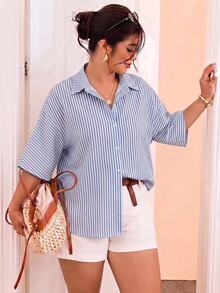 Lounesse Plus Size Women's Striped Pattern Casual Commute Short Sleeve Fashion T-Shirt, Versatile Commute T-Shirt, Plus Size Summer Short Set, Women's Vacation Plus Size Short Set Autumn/Winter New Arrival - Multicolor - View 6