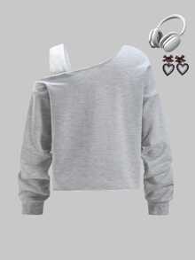 Sparklyn Tween Girl Bow Print Spaghetti Strap Sweatshirt, Fall, Winter - Grey - View 3
