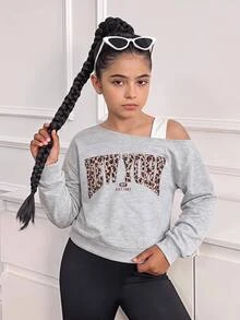 Sparklyn Tween Girl Bow Print Spaghetti Strap Sweatshirt, Fall, Winter - Grey - View 8