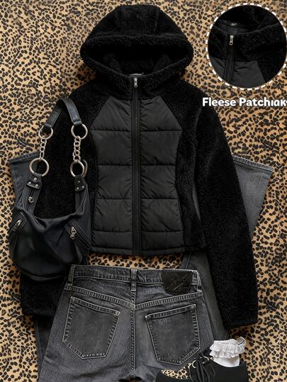 SHEIN Black Patchwork Fleece Hooded Short Padded Coat For Girl And Teenagers, Long Sleeve, Holiday Outfits, Casual