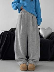 DAZY Solid Color Loose Wool Trousers Casual Street Korean Style Vacation Autumn/Winter Women Long Pants - Grey - View 5