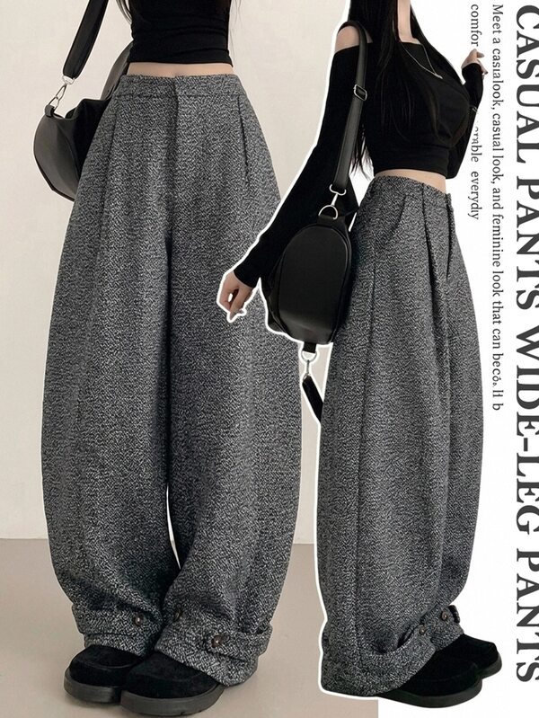 DAZY Solid Color Loose Wool Trousers Casual Street Korean Style Vacation Autumn/Winter Women Long Pants