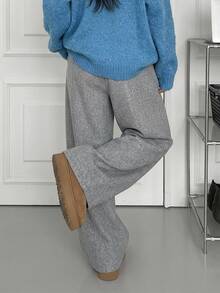 DAZY Solid Color Loose Wool Trousers Casual Street Korean Style Vacation Autumn/Winter Women Long Pants - Grey - View 2